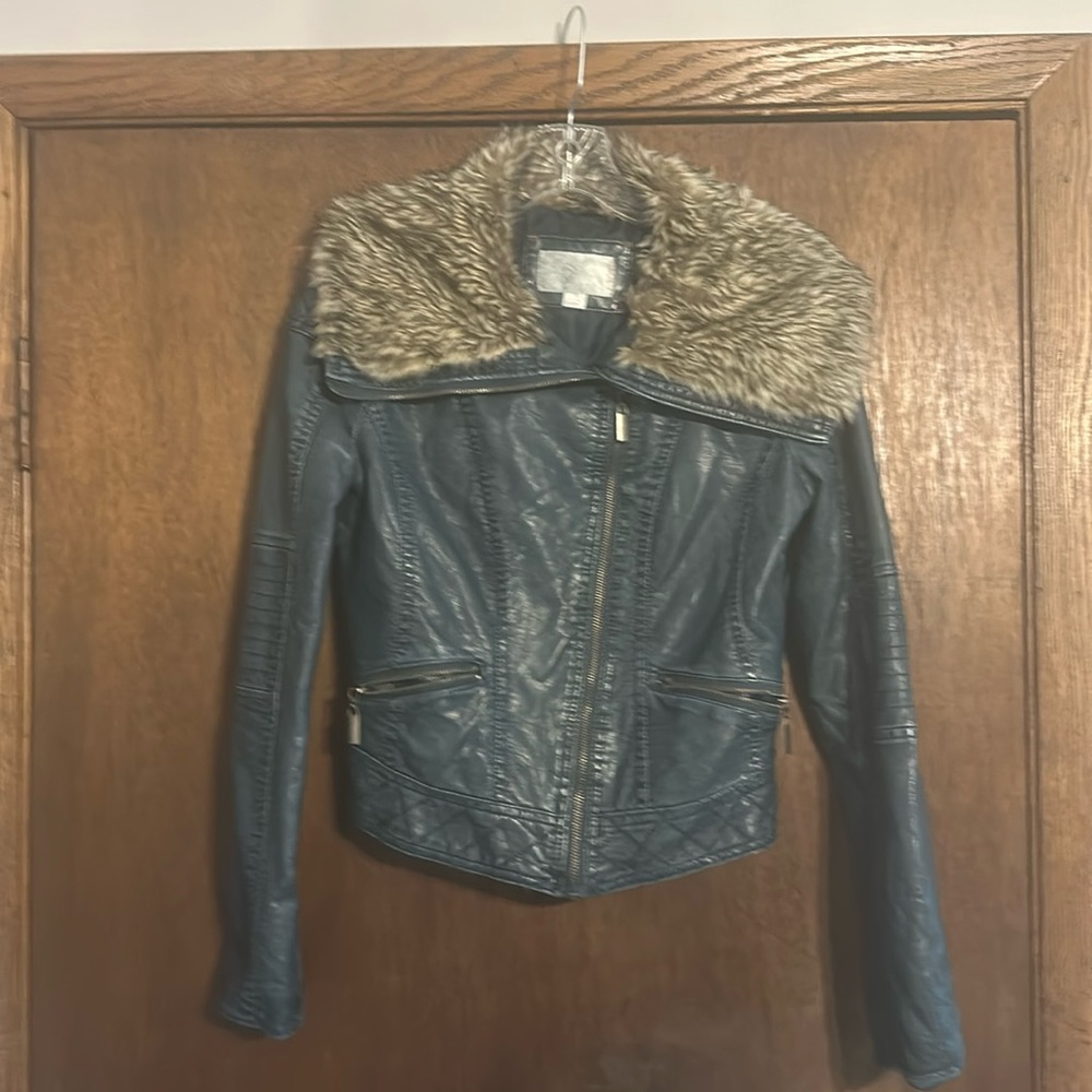 Green and Brown Leather Jacket with Faux Fur Collar